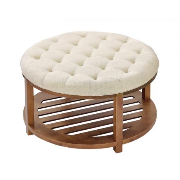 BYJDYXWSJKFSU67U8001V0 Large Round Ottoman Coffee Table - 31.9 in. Tufted - Solid Wood Shelf Storage - Linen