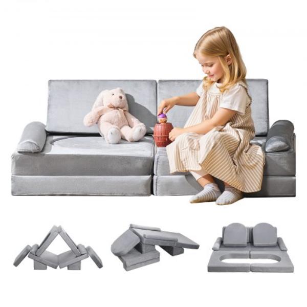 Modular Kids Play Couch - Sectional Toddler Sofa with Armrests - 28D Sponge & Short Pile - Convertible Kids Modular Couch - Gray - 10 Piece