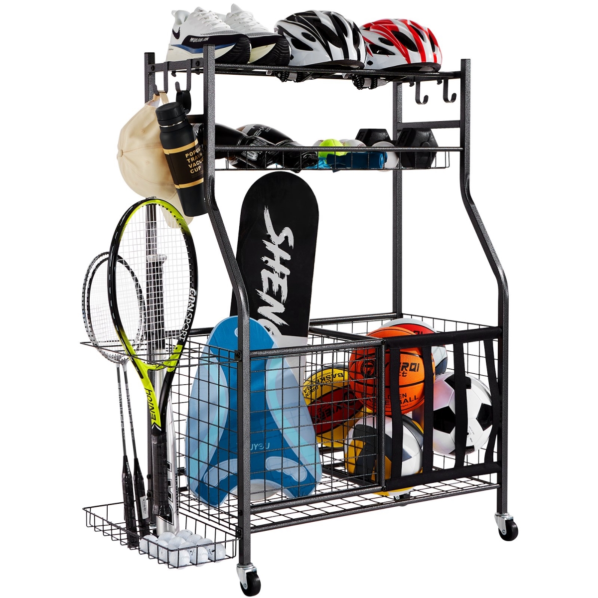 Picture of Vevor QLSNJHSS4G2GUA6PTV0 Sports Equipment Garage Organizer&#44; Rolling Ball Storage Cart on Wheels&#44; Basketball Rack with Baskets & Hooks - Black