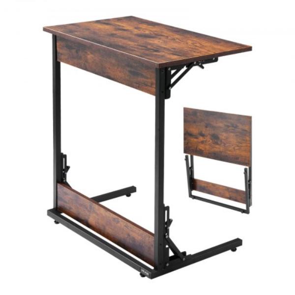 C Table - Folding C Shaped End Table - Metal Frame - Adjustable Feet - Foldable Side Table - Living Room Bedroom Office - Brown & Black