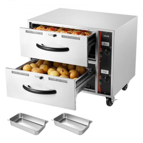 Picture of Vevor BWCTDLSBZX2GCII22001V1 Commercial Electric Drawer Warmer - Two-Drawer Stainless Steel Food Warmer - Freestanding Standard Warming Drawer Cabinet - 85 deg F-185 deg F Wide Temperature Range