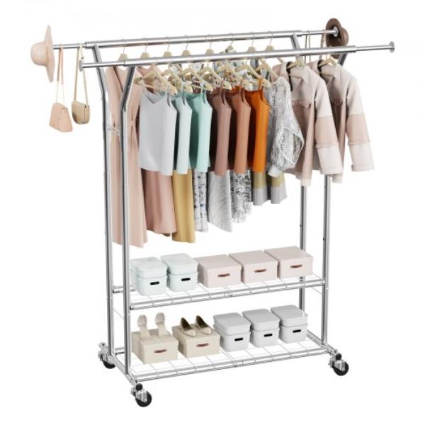 Clothes Rack - Rolling Clothing Garment Rack with 2 Hanging Rods & 2 Storage Shelves - Adjustable Height - Carbon Steel - 264 lbs