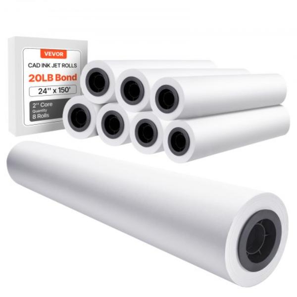 KFDYZ2INCH24P14T3001V0 Wide Format Paper - 24 in. x 150 ft. Plotter Roll - CAD Bond Rolls - 2 in. Core - 20 lbs Bond Paper Rolls - 8 Rolls