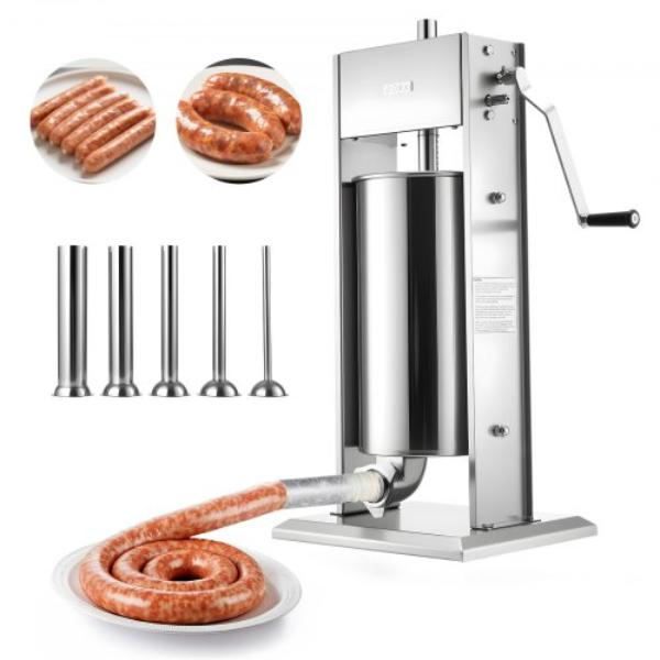 Picture of Vevor SDLSBXGGCJ1542JTX001V0 Manual Sausage Stuffer - 33 lbs 15 Liter Vertical Meat Stuffer - Heavy Duty Sausage Casing Meat Stuffing Machine - Dual-Speed Stainless Steel Filler with 5 Filling Tubes