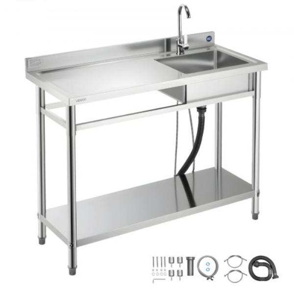 Picture of Vevor DSCDGZT120CM131GM001V0 Stainless Steel Utility Sink - Free Standing Single Bowl Commercial Kitchen Sink with Faucet - Utility Left Basin Workbench - 47 x 19.7 x 37 in.