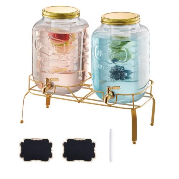 Picture of Vevor YLFPQPTBLFPQ044SU001V0 2 gal Beverage Dispenser - Drink Dispensers Glass Juice Dispenser with Metal Stand Stainless Steel Spigot Infuser Iced Tea Lemonade Juice for Parties - Pack of 2