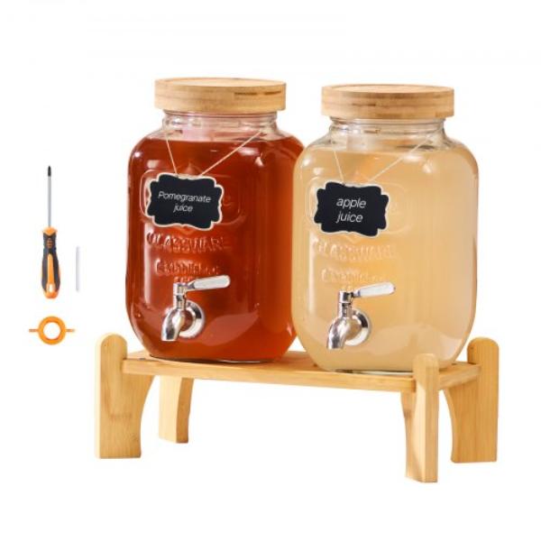 Picture of Vevor YLFPQPTBLFPQNQMU4001V0 Beverage Dispenser - 1 gal Drink Dispensers Glass Juice Dispenser with Wood Stand Stainless Steel Spigot Infuser Iced Tea Lemonade Juice Water Dispensers - Pack of 2
