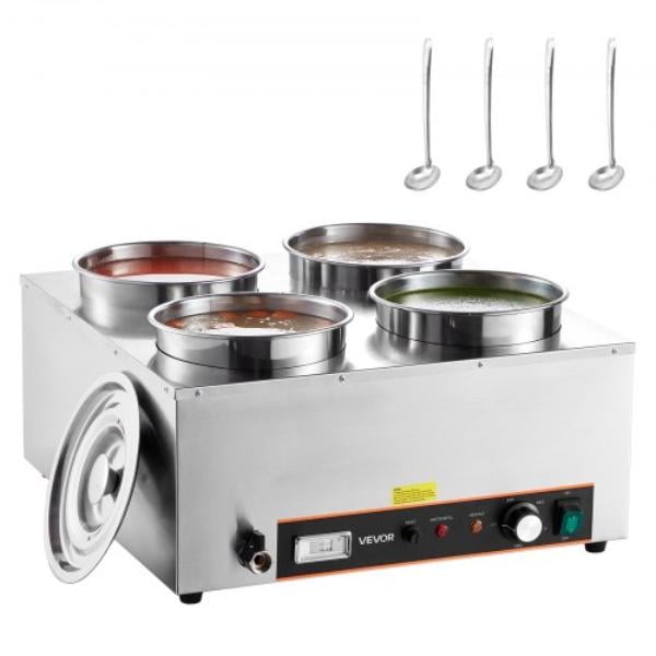 Picture of Vevor DSWPSYTGWFPZ3JBU7001V1 Electric Soup Warmer - Four 6.34 qt. Stainless Steel Round Pot - 86-185 deg F Adjustable Temp - 1500W Commercial Bain Marie - Soup Station for Restaurant - Buffet