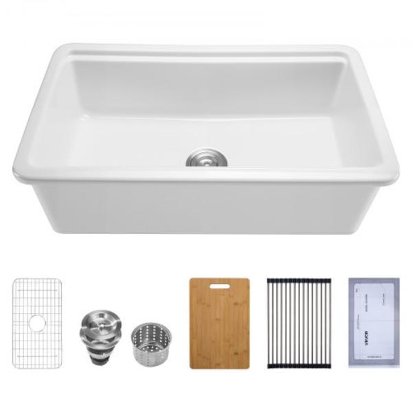 Picture of Vevor ZTQRSSCDCTXP3W5OI001V0 Farmhouse Sink - 33 x 19 in. - Fireclay Topmount Undermount Drop-In Single Bowl with Multiple Accessories - Large Household Dishwasher Sinks for Kitchen, White