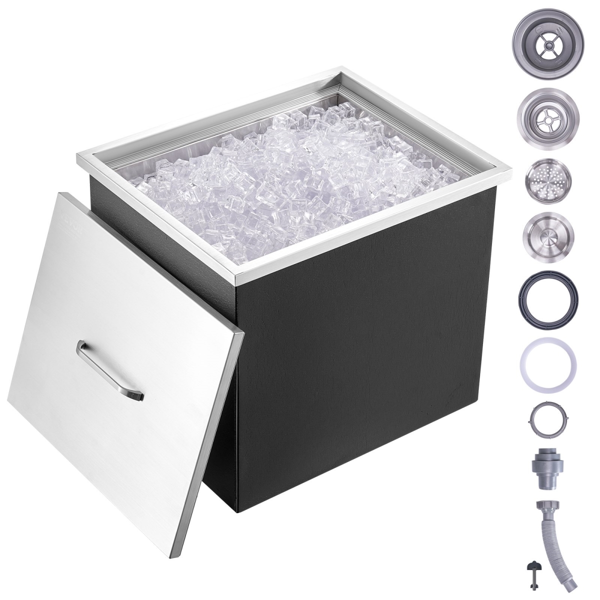 QRSCBCGG21LXE233EV0 21 x 17 x 18 in. Drop in Ice Chest, Stainless Steel Ice Cooler - Commercial Ice Bin with Cover