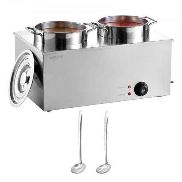 Picture of Vevor DSWPSYTGWFPZ9VO9A001V1 Electric Soup Warmer - Two 6.34 qt. Stainless Steel Round Pot - 86-185 deg F Adjustable Temp - 1200W Commercial Bain Marie - Soup Station for Restaurant - Buffet