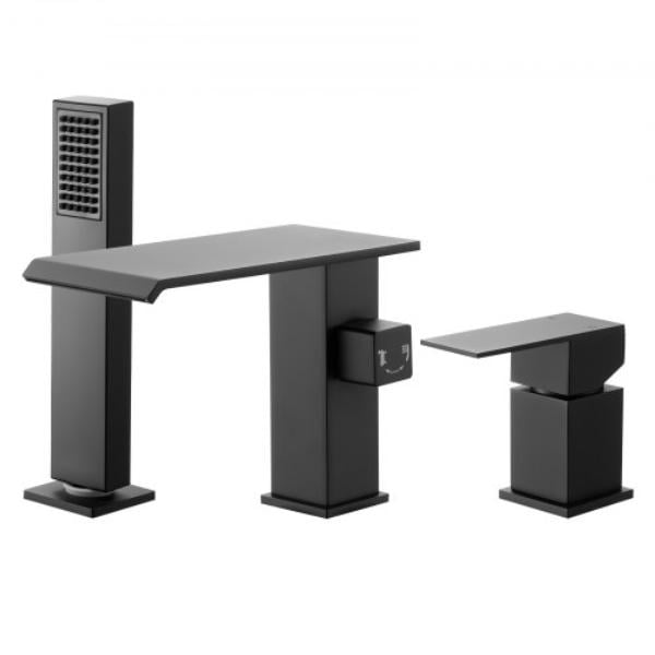Roman Tub Faucet - 3 Hole Waterfall Bathtub Faucet - Deck Mount Bath Tub Faucets Set with Shower Head & 1 Handle, Matte Black