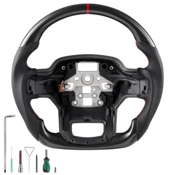 Steering Wheel D-Shaped Flat-Bottom - Carbon Fiber - Leather Grip - Heating Function - Accessories Replacement for 2021-2024 Ford F150, Black