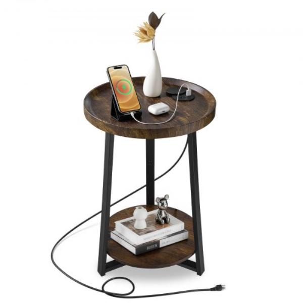 End Table - 2-Tier Round Side Table - Open Storage Shelves - Modern Nightstand Bedside Desk - USB & AC Charging Port - Wood Sofa Coffee Desk - Brown