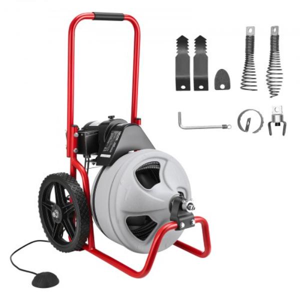 75 ft. x 0.375 in. Drain Cleaner Machine - Sewer Snake Auger - Portable with 6 Cutters & Air-activated Foot Switch for 2 to 4 in. Pipes