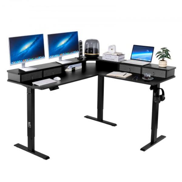 L Shaped Desk - Electric Adjustable Height Corner Gaming Desk - Black - L-Shaped Computer Table with Power Strip - Easy to Assemble