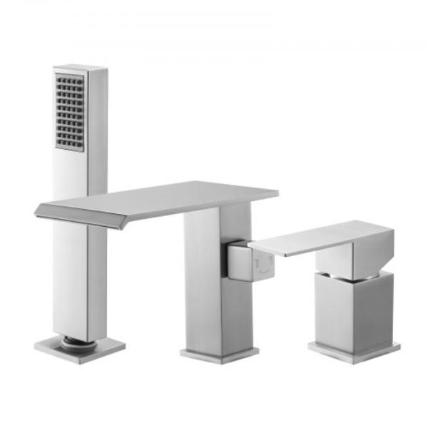 Roman Tub Faucet - 3 Hole Waterfall Bathtub Faucet - Brushed Stainless Steel - Deck Mount Bath Tub Faucets Set with Shower Head & 1 Handle