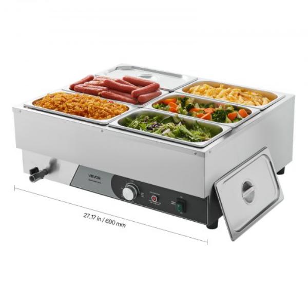 Picture of Vevor SYSPBWQ613FSZD9RS001V1 Commercial Food Warmer - 1500W Electric Stainless Steel Steam Food Warming with Lid - Fast Heating Countertop Buffet Bain Marie with Six 0.33 Size Food Pans