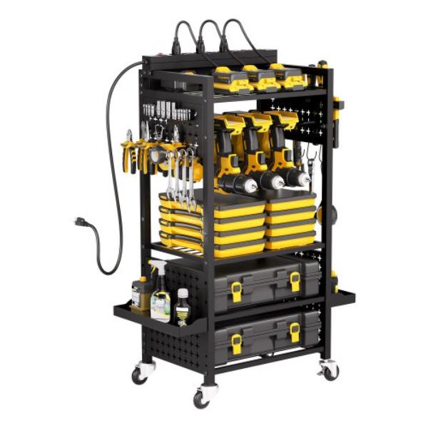 5-Tier Tool Organizer Cart - Charging Station - 8 AC Outlet - Rolling Drill Holder - Tool Battery Storage Rack - Garage Floor Rolling Storage Cart