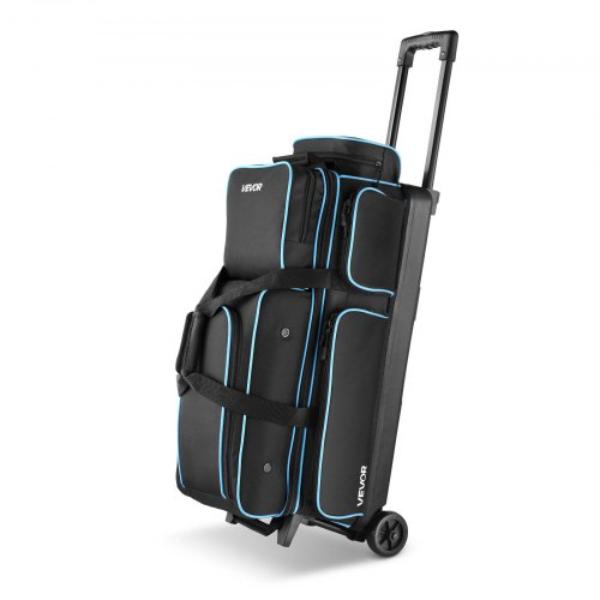 Bowling Ball Bag - 3 Ball Double Roller with Wheels - Separate Compartment for Shoes Up to US Size 16 - Retractable Handle Extends to 41.34 in.