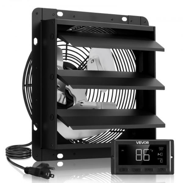12 in. Shutter Exhaust Fan - Wall Mounted Attic Vent Fan - Smart Programming Variable Speed Temperature Control - 1500 CFM - Black