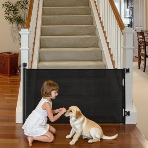 Retractable Baby Gate - Black - Extends 56.3 in. Wide & 31.3 in. Tall - Mesh Dog Gate for Stairs, Hallways, Indoor & Outdoor
