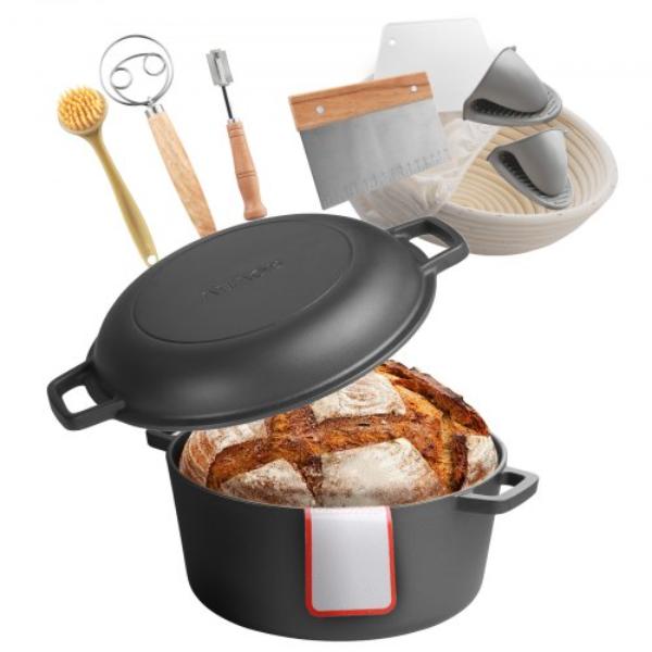 Picture of Vevor ZTHLKX6QTZWYIN5NC001V0 Cast Iron Dutch Oven - 2-in-1 Pre-Seasoned Pot with Skillet Lid - 5 qt. Cookware Pan with Proofing Basket - Bread Baking Accessories - Bread-Oven 500 deg F