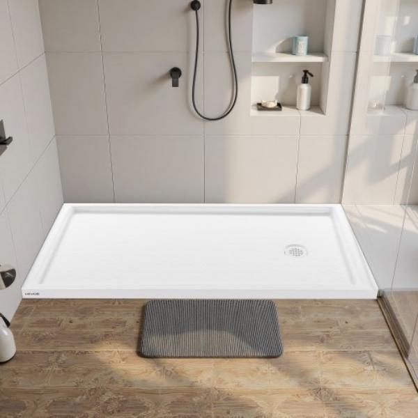Shower Pan - 60 x 32 in. - Single Threshold Shower Base - Rectangle Acrylic & PVC - White - Slip-Resistant - Right Drain Location
