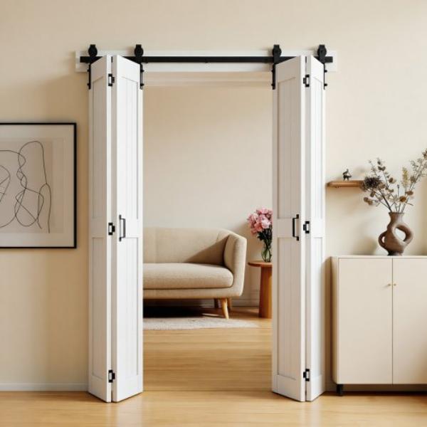 Bifold Barn Door - 72 x 84 in. MDF Bi-Fold Sliding Closet Doors Hardware Kit Included H-Frame Space-Saving Design Pre-Assembled Panels - White