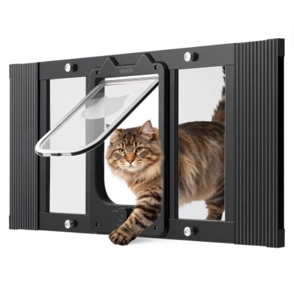 Cat Door for Window - Adjustable 27-32 in. - 4 Lock Modes - Aluminum Frame - High-Transparency Glass - Magnetic Closure - Weatherproof - Black