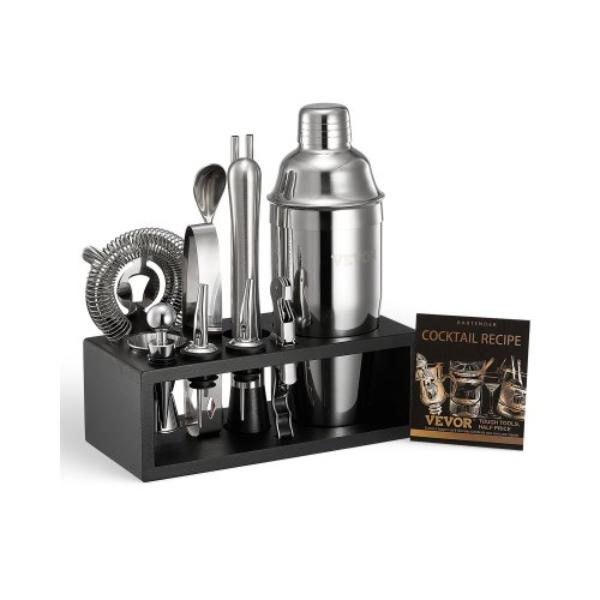 Picture of Vevor JBYJTZXKB13J84HRZV0 Cocktail Shaker Set - Stainless Steel Bar Tools with Bamboo Stand - Silver - 13 Piece