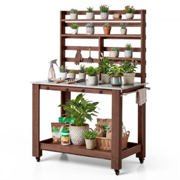 Potting Bench Table - Outdoor Gardening Workstation - 45 x 26 in. Stainless Steel Tabletop - Storage Shelves - 4 Casters - Hooks - Brown