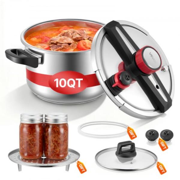 Picture of Vevor LZYLGBXGSBSKMYFIX001V0 10 qt. Pressure Cooker - Stainless Steel - Pressure Canner with Steaming Rack - Tempered Glass Lid - Three Pressure Settings