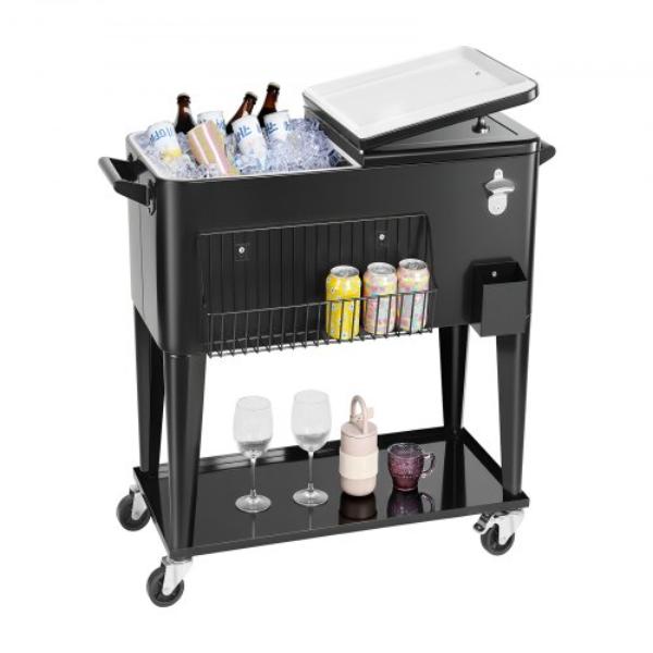 Picture of Vevor HWLQTCCGKHS8L00WG001V0 80 qt. Rolling Ice Chest - Holds up to 50 Bottles & 110 Cans - Portable Patio Party Bar Drink Cooler Cart with Side Basket & Bottle Opener - Black