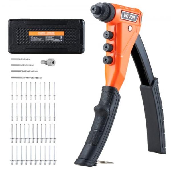 Pop Rivet Gun Kit - Heavy Duty Single Hand Riveter with 200 Blind Rivets - 4 Interchangeable Nosepieces - 4 Drill Bits - Carrying Case - Manual Tool