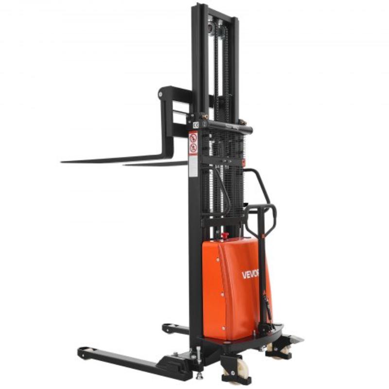 Semi Electric Pallet Stacker - 3300 lbs Load Capacity - 96.06 in. Lifting Height & 8.3-33.86 in. Adjustable Fork Width - Orange & Black