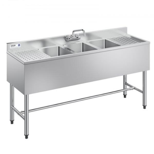 Picture of Vevor BXGDLSSCMSSCQUJRL001V0 3 Compartment Sink - 18 Gauge 304 Stainless Steel - 10 x 14 x 10 in. Bowl Size - 3 Bay Commercial Under Bar Sink with Double Drainboard & Backsplash
