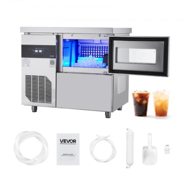 Picture of Vevor GZTZBJZJ132LV0NJL001V1 Commercial Ice Maker Machine - 132 lbs per 24 Hour - Stainless Steel - 30 lbs Storage - 70 Cubes per Cycle - Self-Cleaning - Home Bar Office Restaurant Kitchen