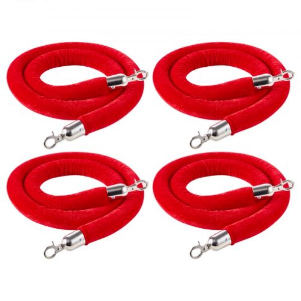 Red Velvet Stanchion Ropes - 5 ft. Crowd Control Stanchion Red Velvet Ropes with Silver Hooks - Post Queue Barrier Carpet Rope for Events - 4 Piece