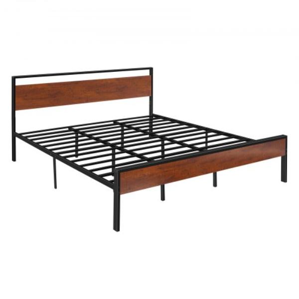 King Size Bed Frame - 14 in. Black Metal Platform Bed Frame with Retro Brown Wooden Headboard & Footboard - Large Under-Bed Storage - Easy Assembly