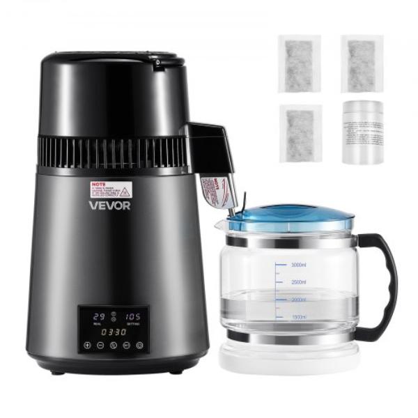 Picture of Vevor ICKZBXGZLSJZ93AL2001V1 Water Distiller - 4 Liter 1.1 gal - Pure Water Purifier - Grey - 1750W - Glass Pot - Stainless Steel Interior