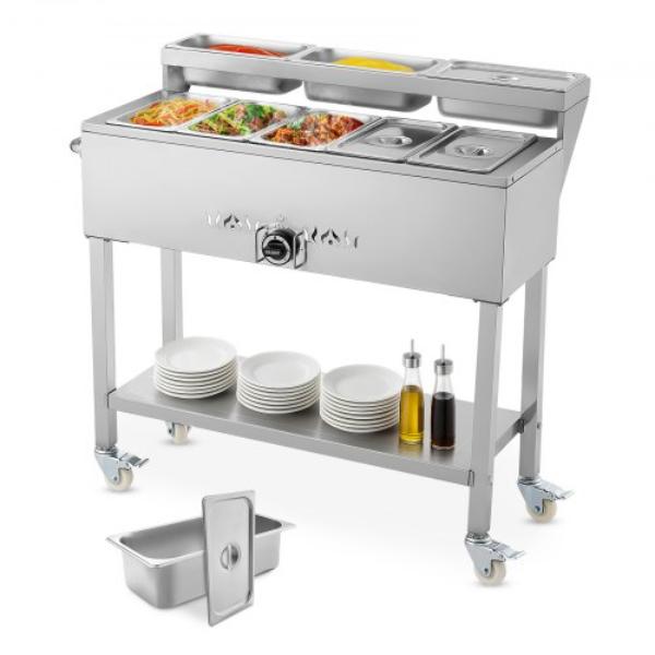 Picture of Vevor RQZQZLDKZTKZEN22S001V0 Commercial Propane Steam Table - 5 Food Pans & 3 Condiment Pans - Liquid Propane Gas Outdoor Soup Warmer - Stainless Steel - Adjustable Temp