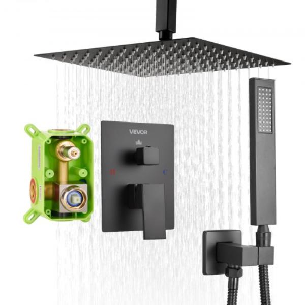 Shower Faucet Set - Rainfall Bathroom Shower System - 10 in. Square Rain Shower Head - Handheld Spray - Ceiling Mount - Matte Black