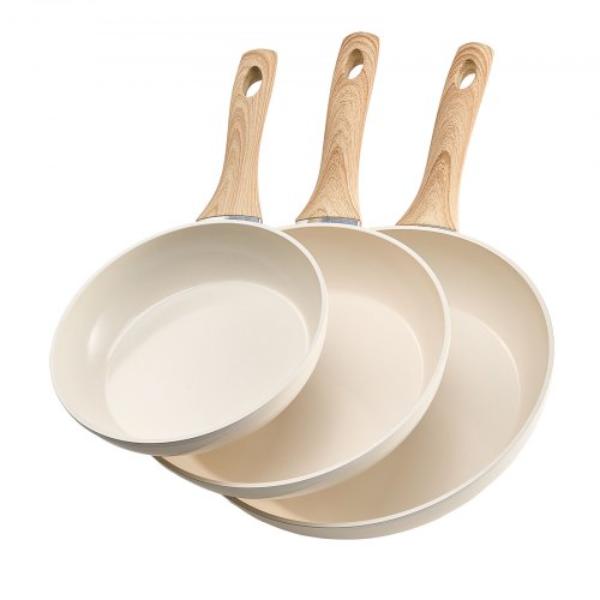 Picture of Vevor LCGSJTTCTC89NDS2C001V0 Frying Pan Skillet - Aluminum Egg Fry Pans - 8 - 9.5 - 11 in. - Nonstick Ceramic Heavy-Duty Skillets - Beige - 3 Piece