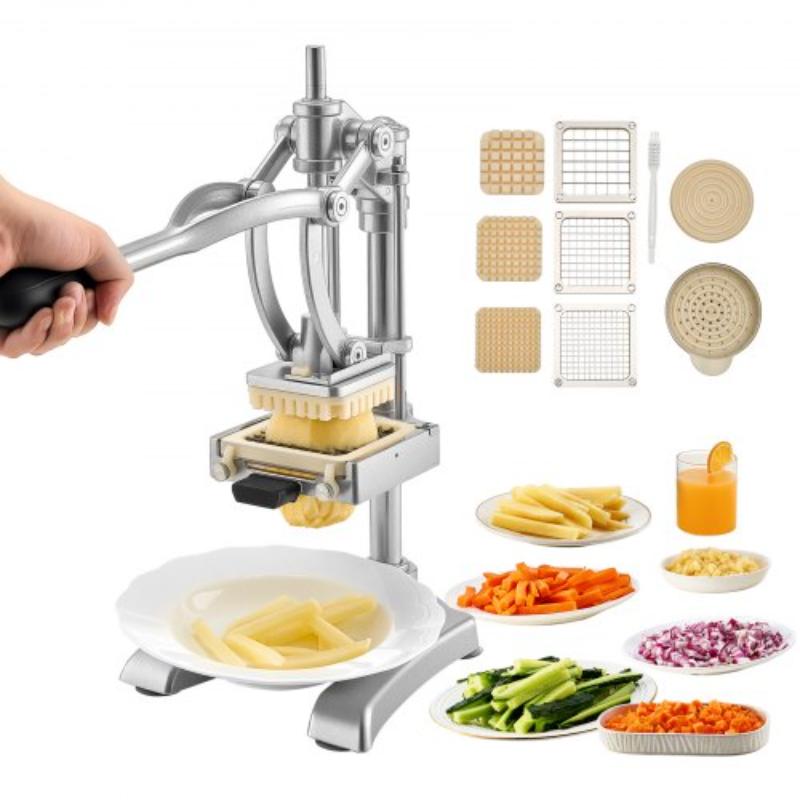 Picture of Vevor GGSSDQTJ4J12VPHL6001V0 Commercial French Fry Cutter - Stainless Steel Vegetable Fruit Chopper with 3 Replacement Blades 0.5 in., 0.38 in., 0.25 in. & A Juicing Blade