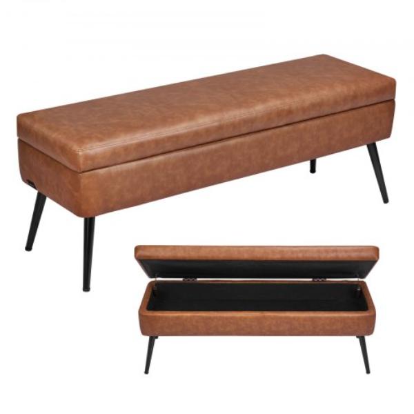 Leather Storage Ottoman Bench - PU Leather Bench with Storage & Metal Legs - Modern Shoe Benches Seat for Entryway - Upholstered End of Bed Benches
