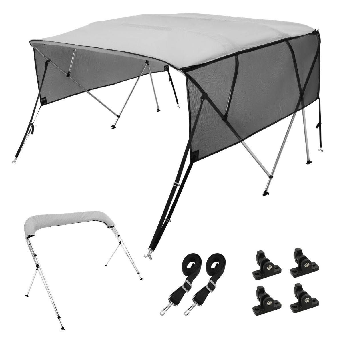 4 Bow Bimini Top Boat Cover, Detachable Mesh Sidewalls, 600D Polyester Canopy, 8 ft. x 54 in. x 79-84 in. - Light Grey