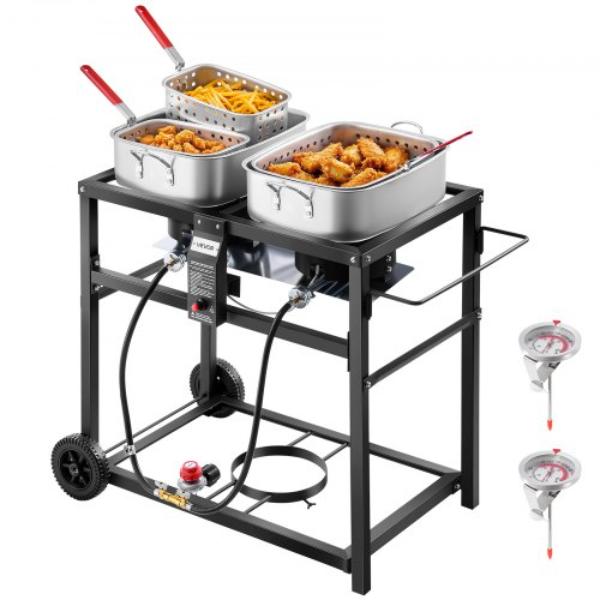 Picture of Vevor XCKRQZG18QT2I5WA1001V0 Outdoor Propane Deep Fryer - Dual-Tank 18 qt. x 2 Commercial Fryer - Multi-Purpose Portable Frying Cart with Wheel - 3 Basket - 40000 BTU