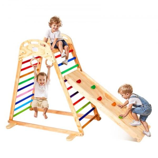 SNYLCMCS4H104J10B001V0 4-in-1 Indoor Playground Jungle Gym - Colorful Wooden Playset with Climbing Rock - Slide - Wooden Ladder & Gym Rings - 220 lbs