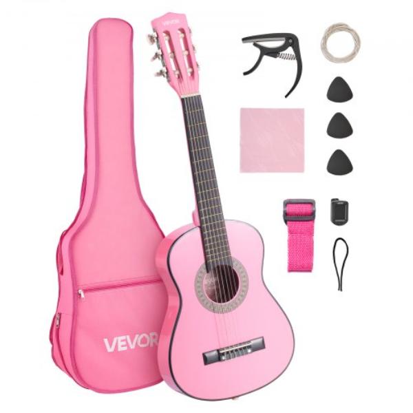30 in. Pink Wood Classical Guitar Starter Kit - Nylon Strings - Gig Bag - Strap - Tuner - Extra Strings - Picks - Capo - Basswood